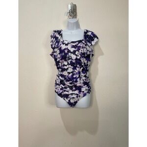 Daci Womens Plus 16W One Piece Swimsuit Purple Floral Ruffle Tummy Control